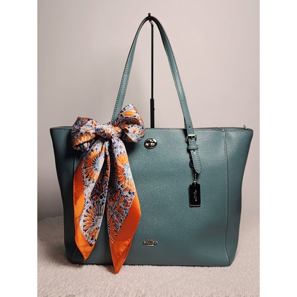 Coach Turnlock Tote 29086 Green Grey Leather Shoulder Bag Large Purse
